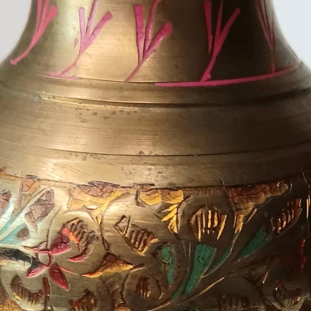 Brass Etched Enamel Inlaid Bud Vase Vintage Made in India